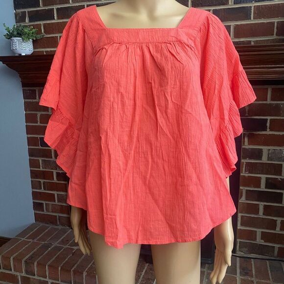 Terra & Sky Women’s‎ Plus Size 0X 14W Coral Orange Square Neck Blouse Ruffle New - Picture 9 of 16